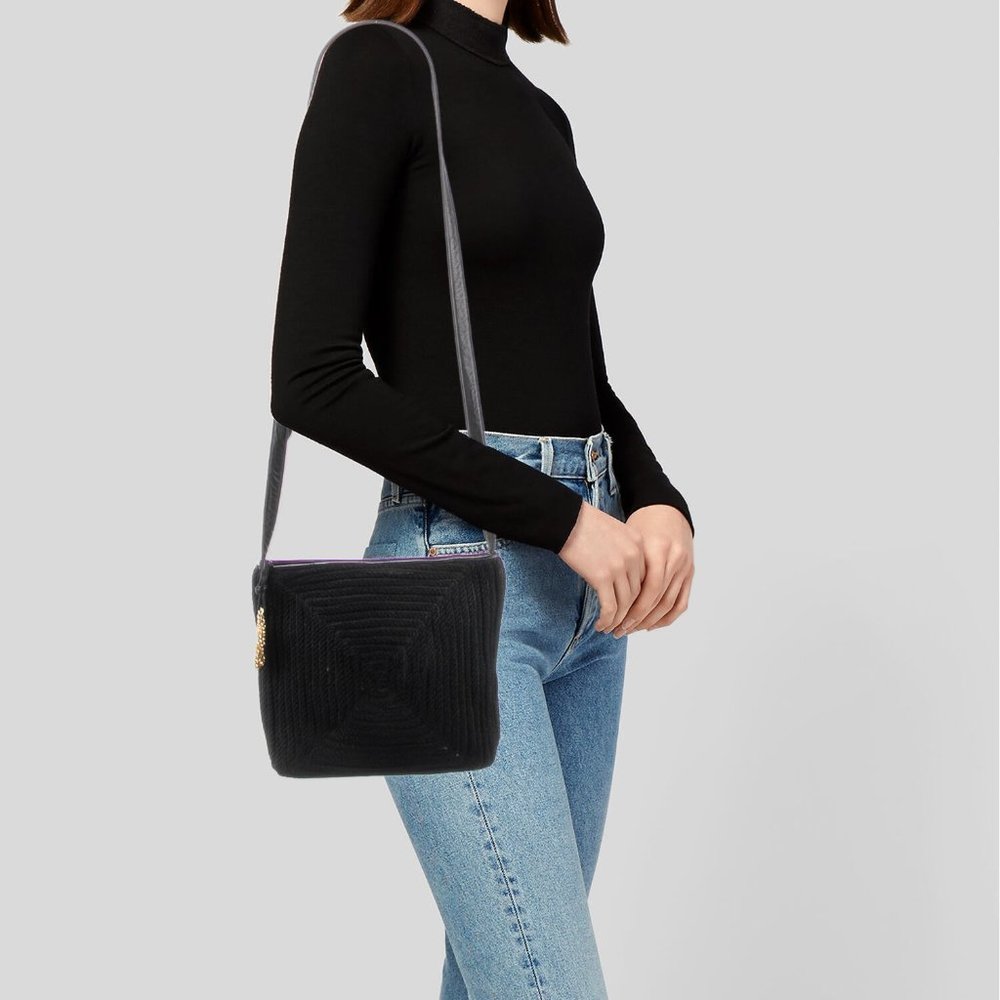 Vintage SHARIF Black Woven Suede Leather Crossbody Shoulder Bag